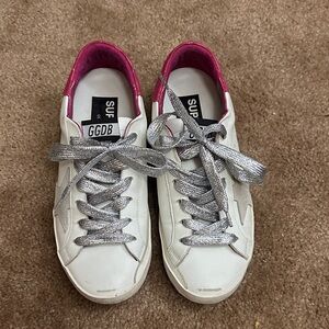 Golden Goose White Sneakers with Pink Lining and Silver Laces